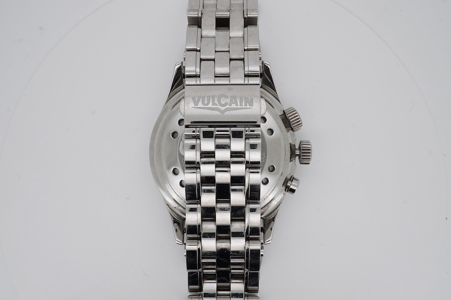 A gentleman's modern stainless steel Vulcain Cricket Dual Time automatic? wristwatch, on a stainless steel bracelet, case diameter 43mm, no box or papers. Condition - fair to good.